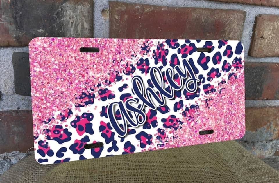 Navy blue and neon leopard license plate (read description)