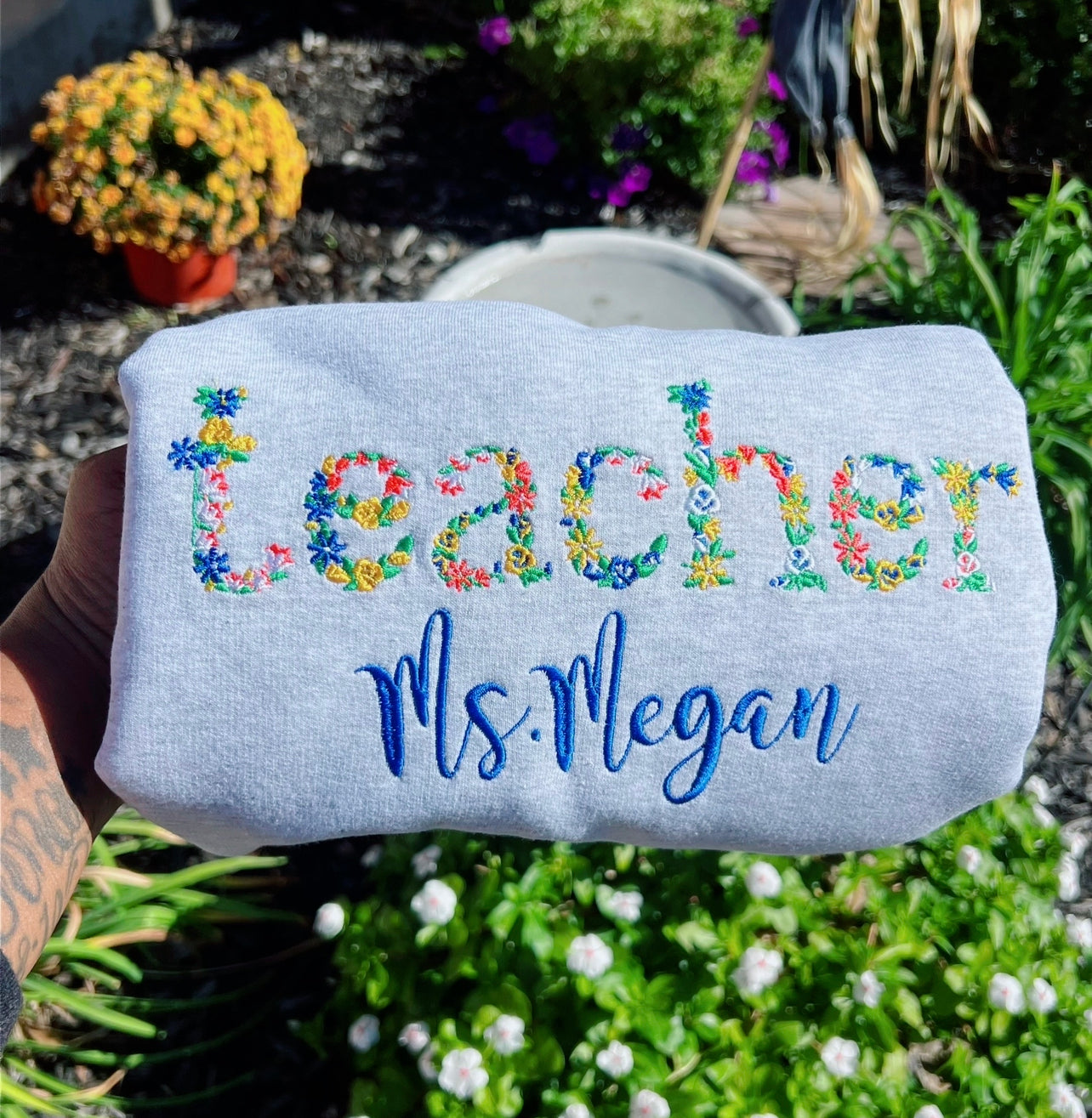 Floral Embroidered Teacher Sweatshirt (read description)